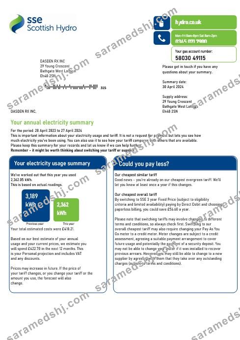 United Kingdom SSE Energy business utility bill template in Word and PDF formats, version 2